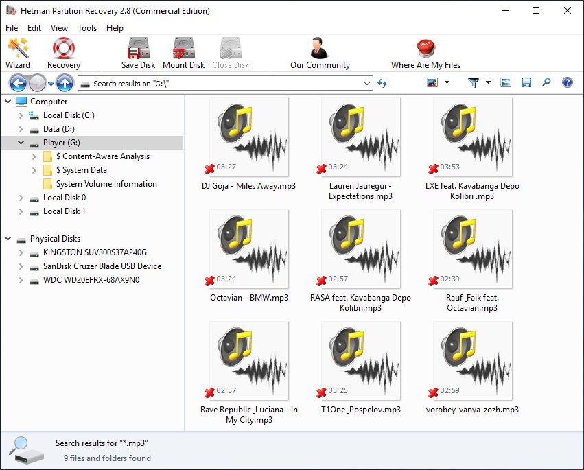 Hetman Partition Recovery - pliki, które można odzyskać z odtwarzacza MP3 SanDisk