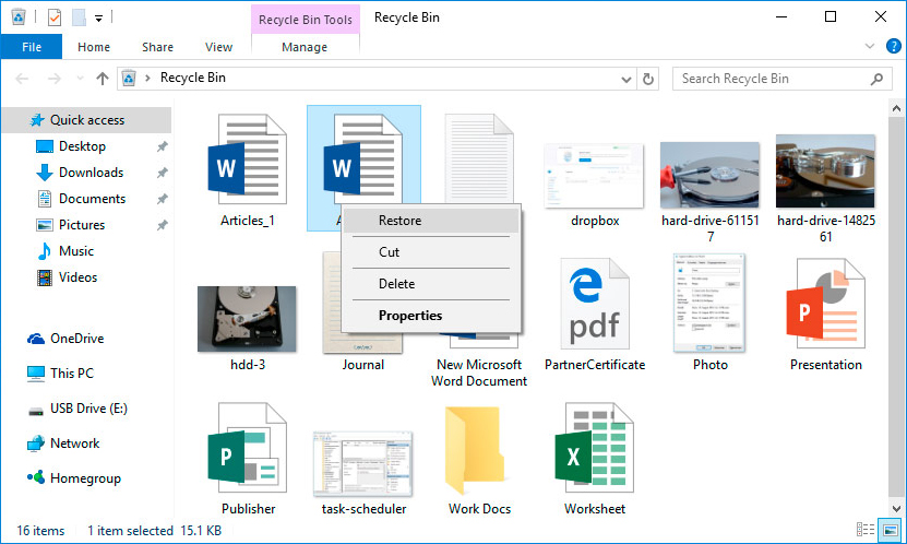 Odzyskiwanie plików z kosza Windows 7 poprzez menu kontekstowe
